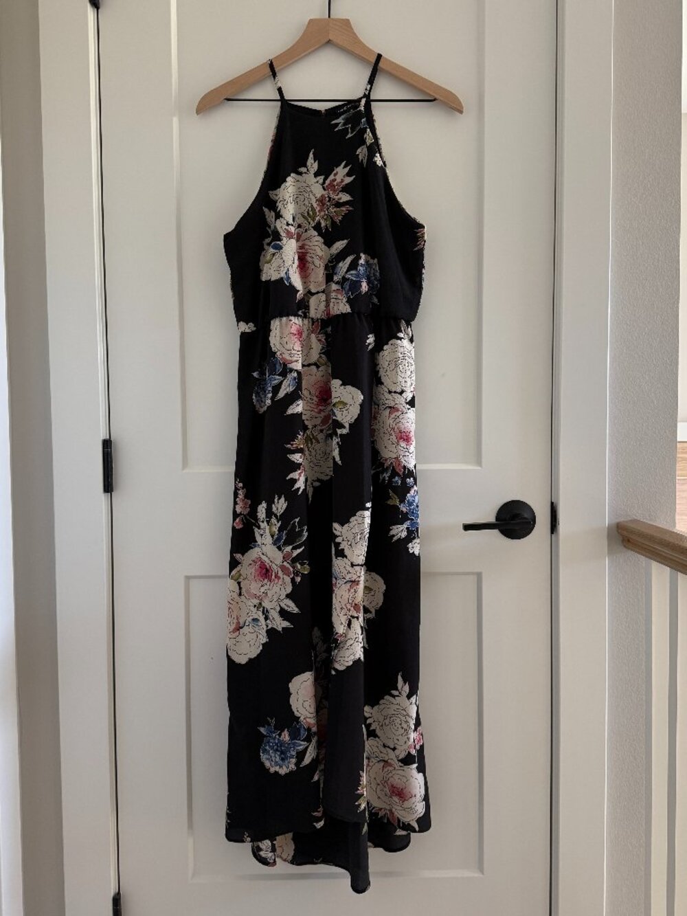 mm mm mm High-Neck Black Floral Asymmetrical Hem Wrap Midi Dress